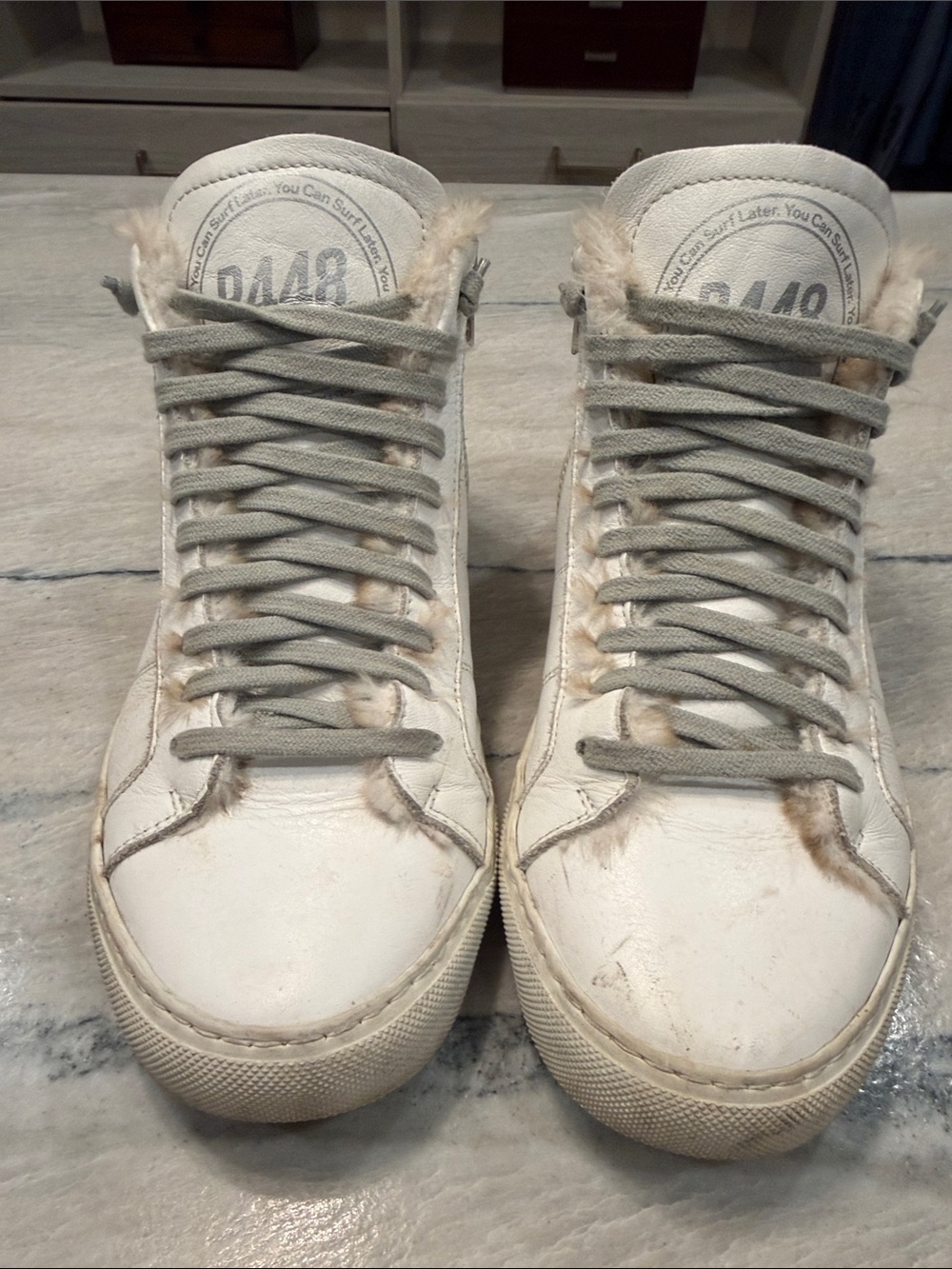 Womens P448 White high top Sneakers with Faux-Fur Trim and inside